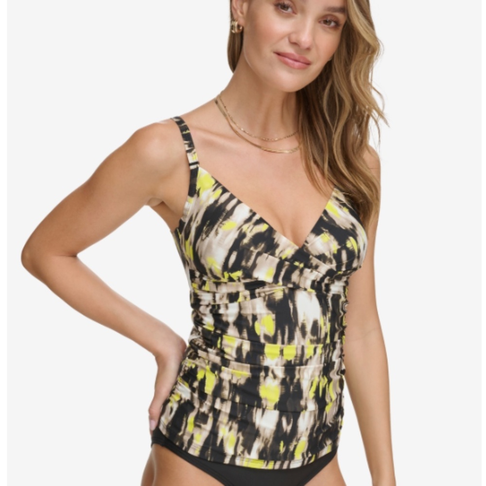 NWT Dkny Women's Twist-Front Tankini Top - Fluro Yellow Multi (Smudged Abstract